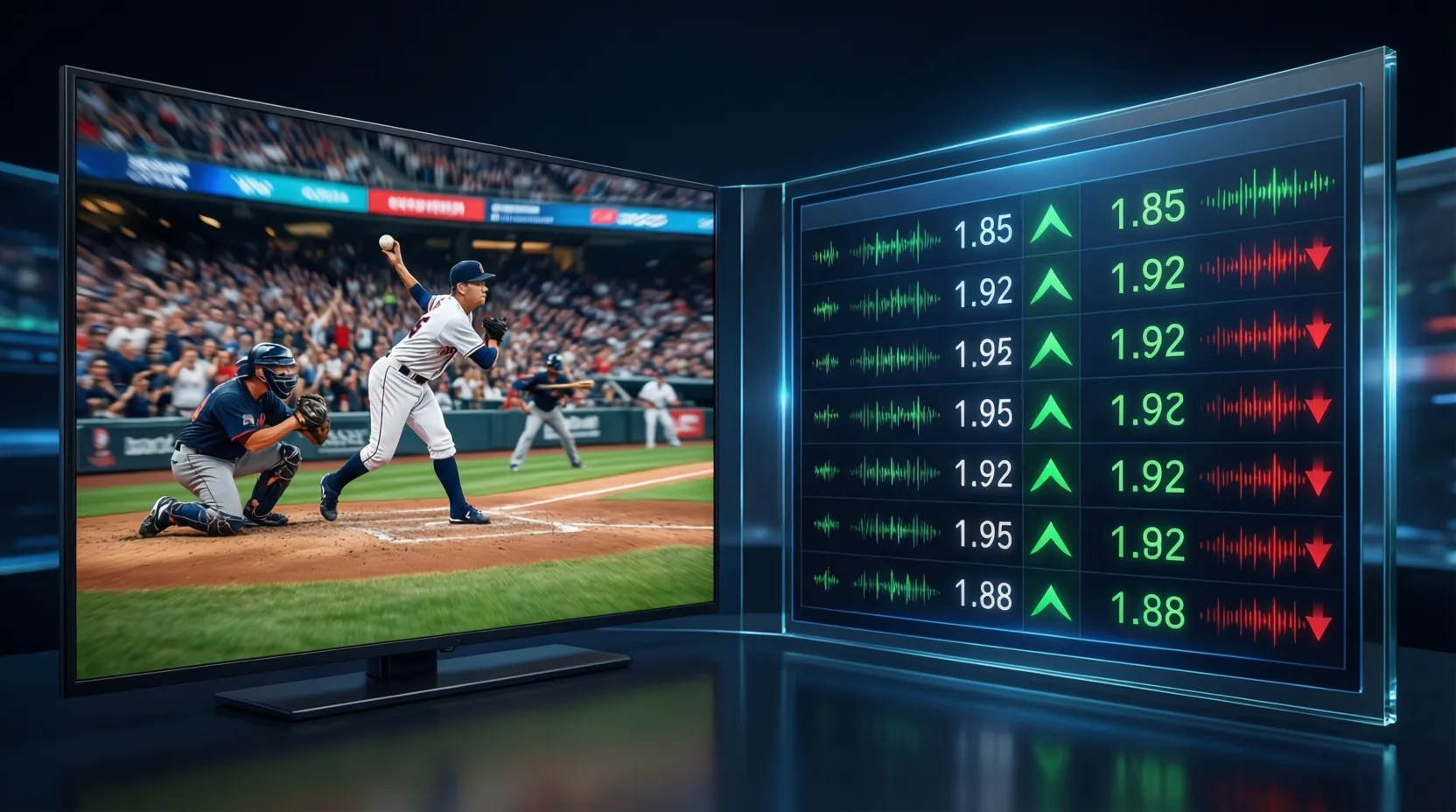 Pantalla dividida mostrando partido de béisbol y líneas de apuestas en vivo actualizándose