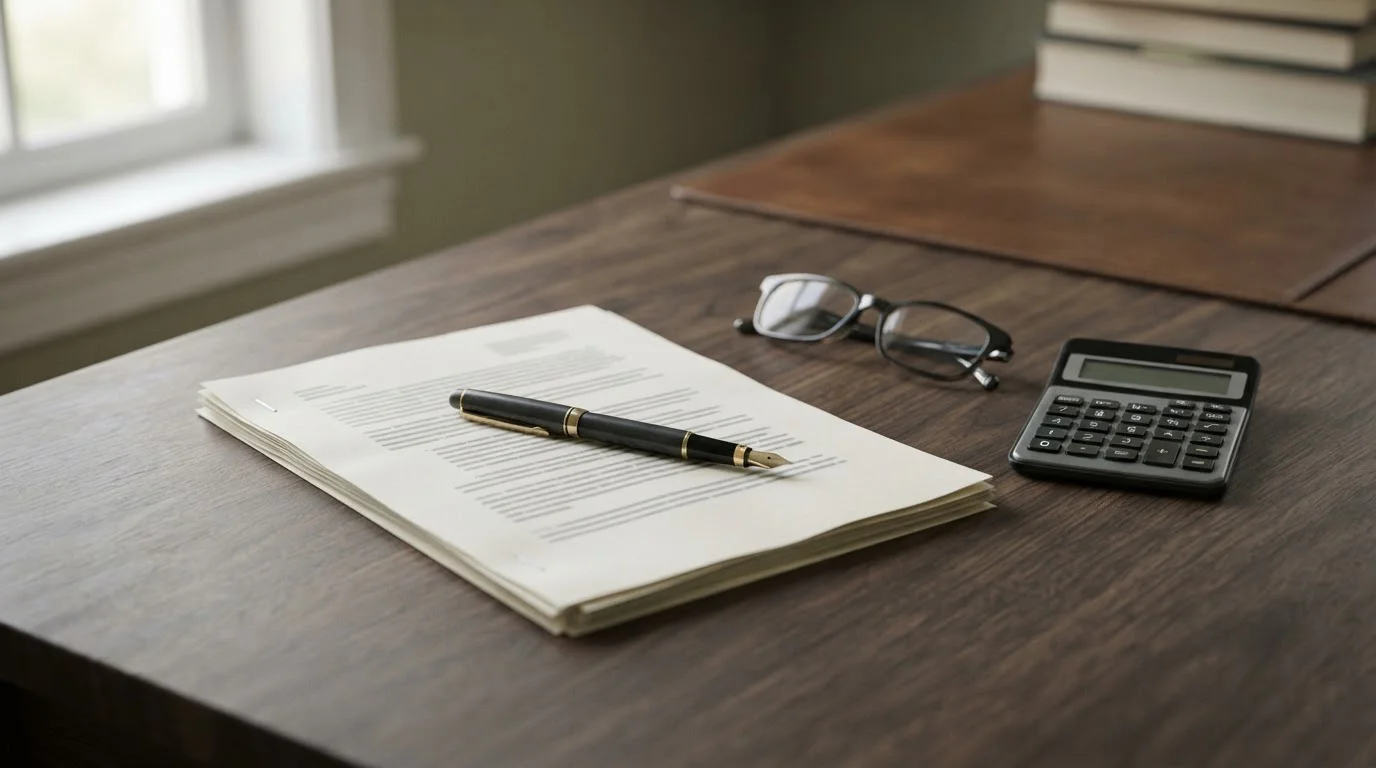 Documentos legales apilados y una calculadora sencilla sobre un escritorio sobrio