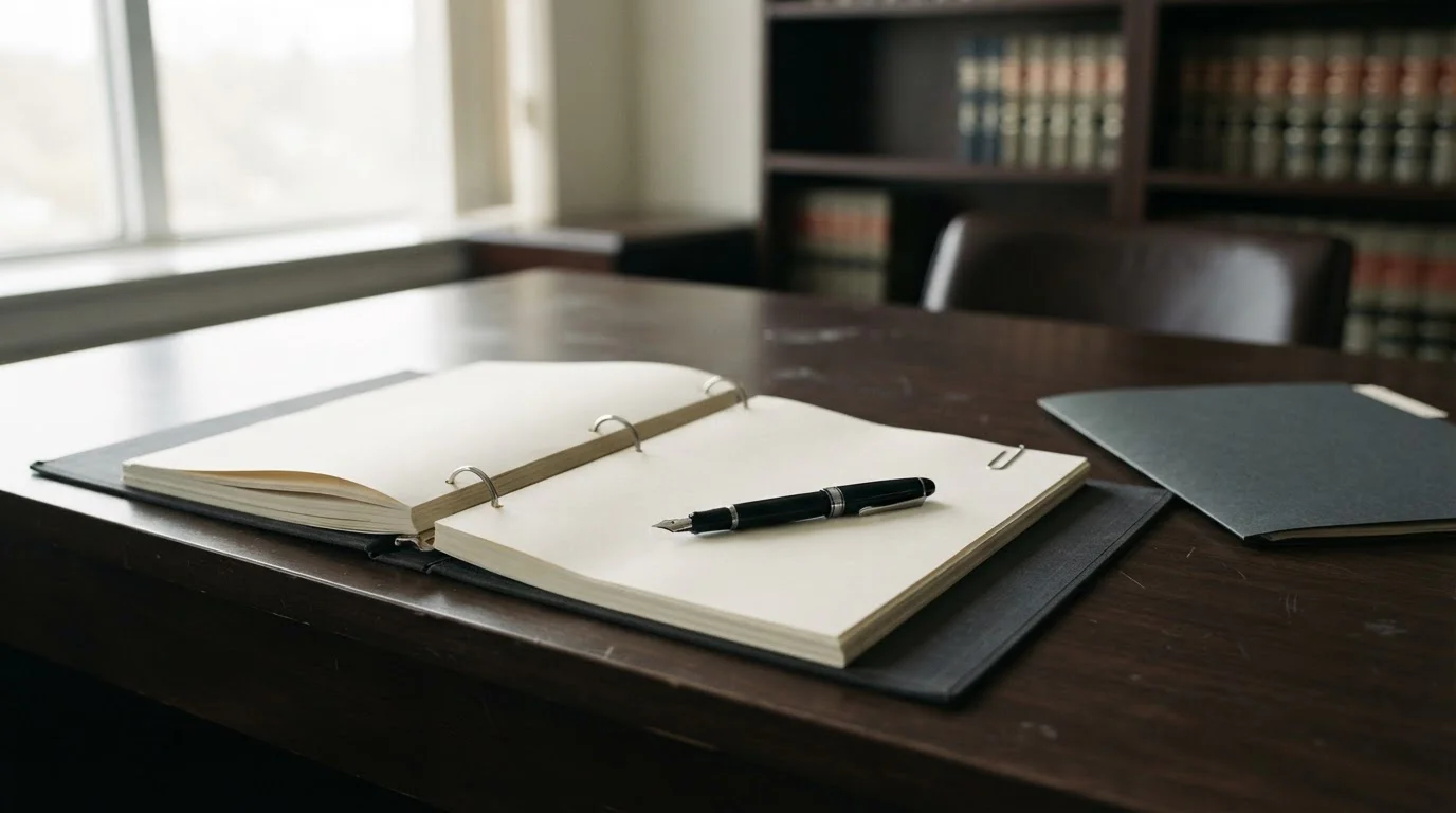 Documento legal abierto sobre una mesa con luz tenue