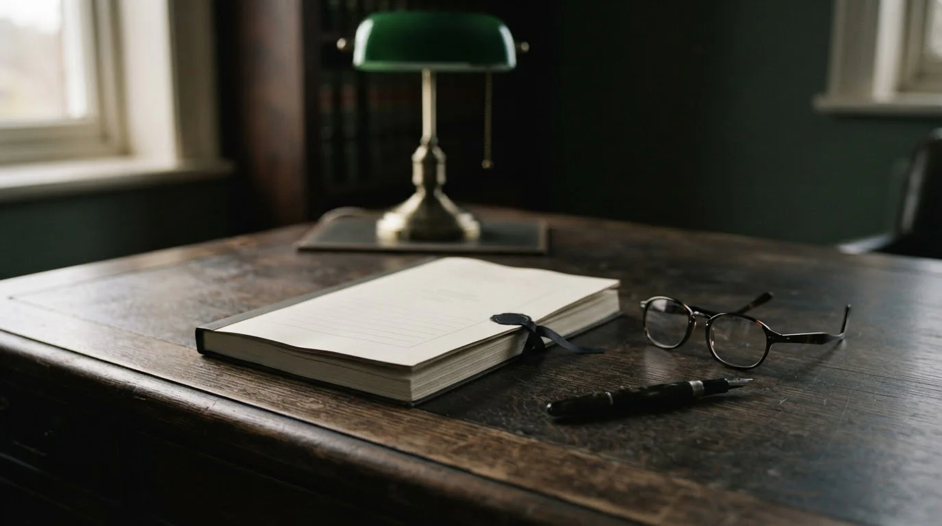 Documento legal encuadernado sobre un escritorio sobrio junto a unas gafas de lectura