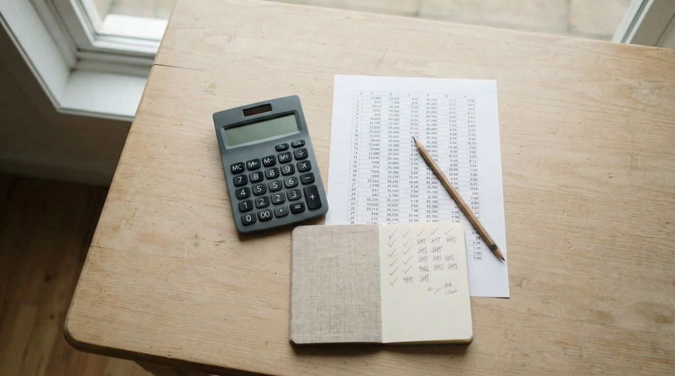 Calculadora y hoja con columnas numéricas abstractas sobre una mesa clara