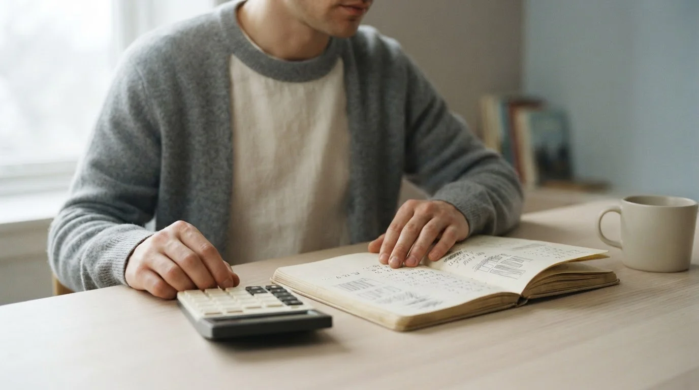 Manos anotando cálculos en una libreta junto a una calculadora