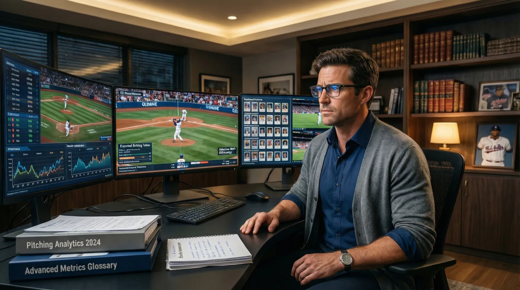 Analista revisando datos de matchups de béisbol en múltiples pantallas