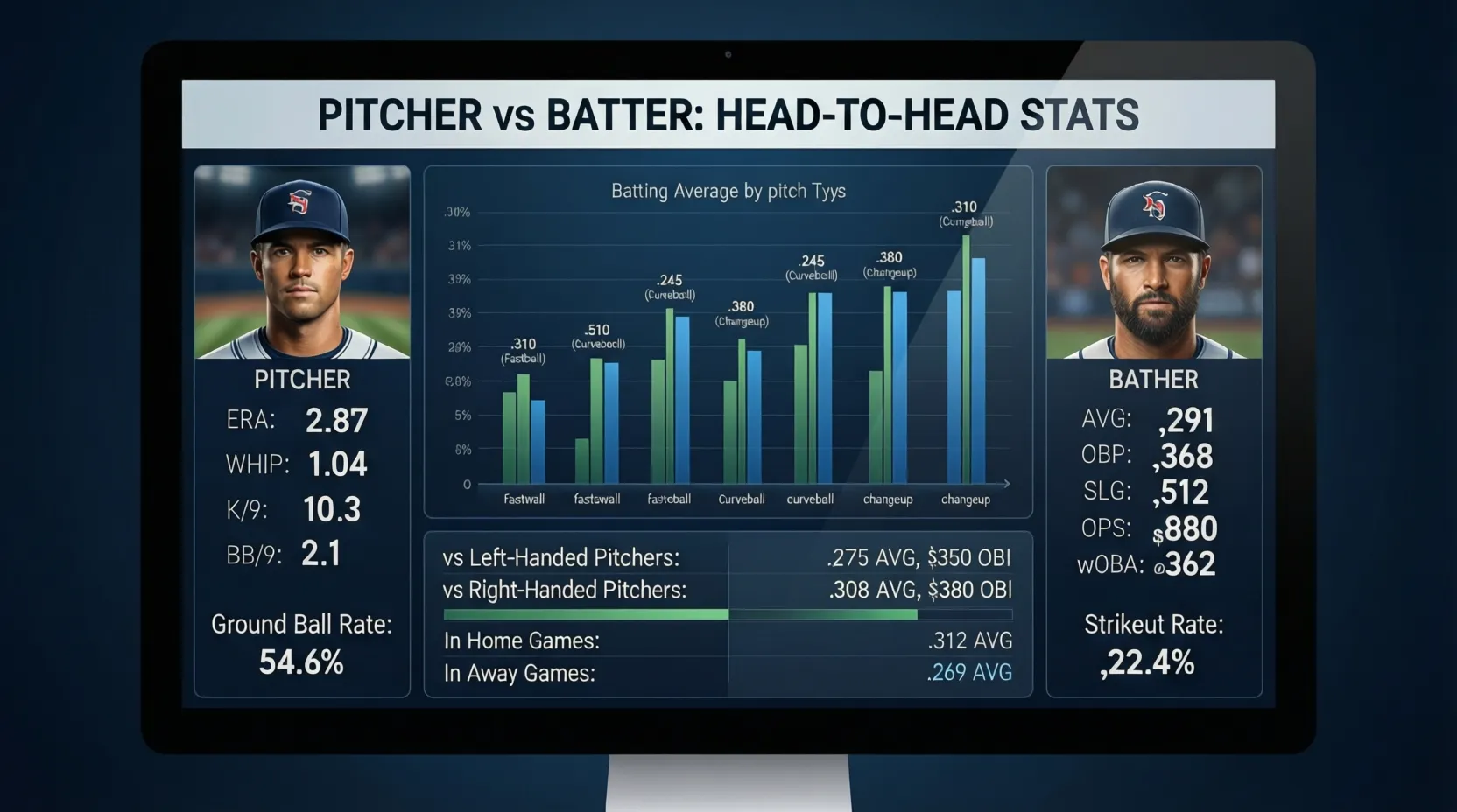 Pantalla mostrando estadísticas de enfrentamientos entre pitcher y bateador
