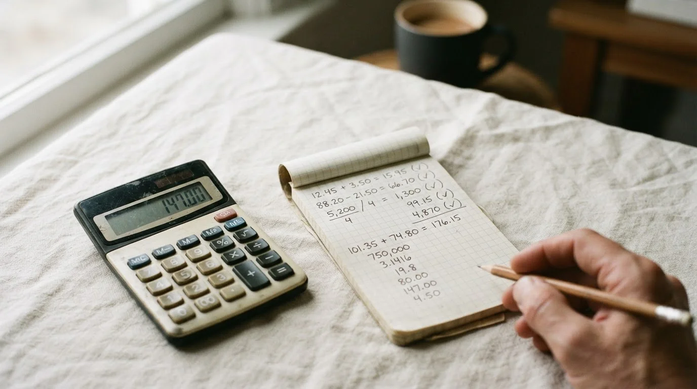Calculadora y libreta con anotaciones numéricas neutras