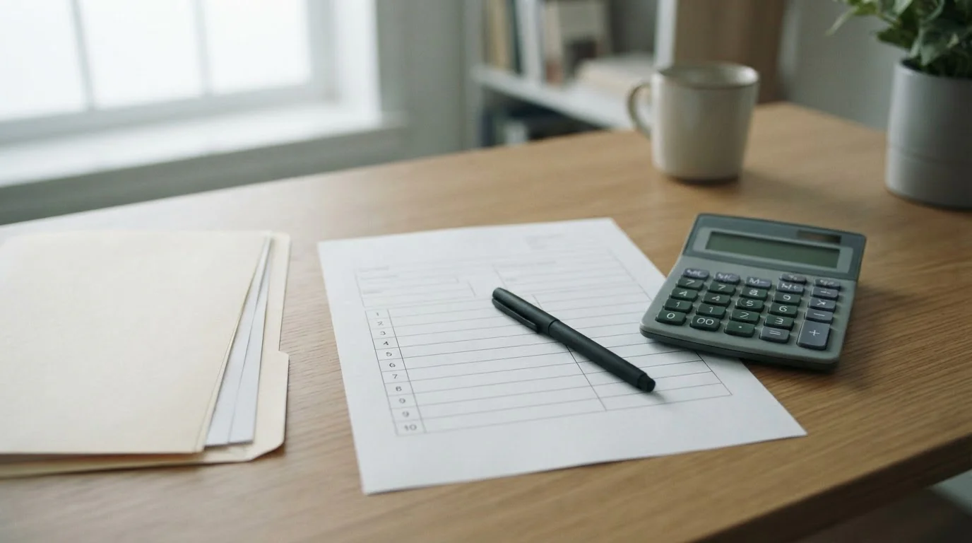 Formulario en papel con casillas vacías junto a una calculadora sobre una mesa clara