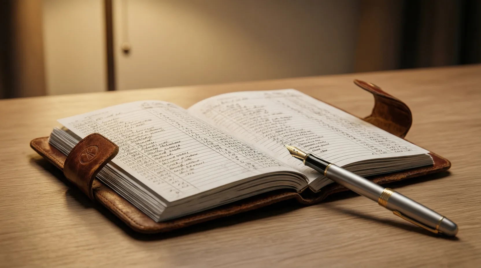 Libreta de notas con registros de apuestas deportivas y bolígrafo sobre escritorio de madera