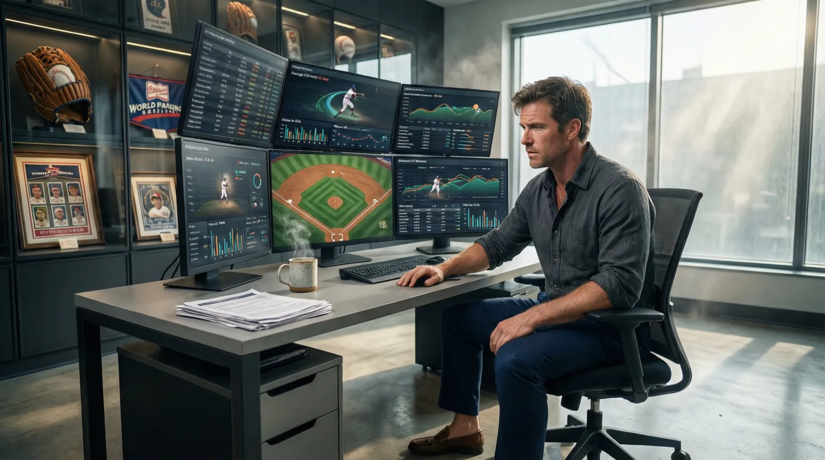 Analista deportivo revisando estadísticas de pitchers en pantallas múltiples