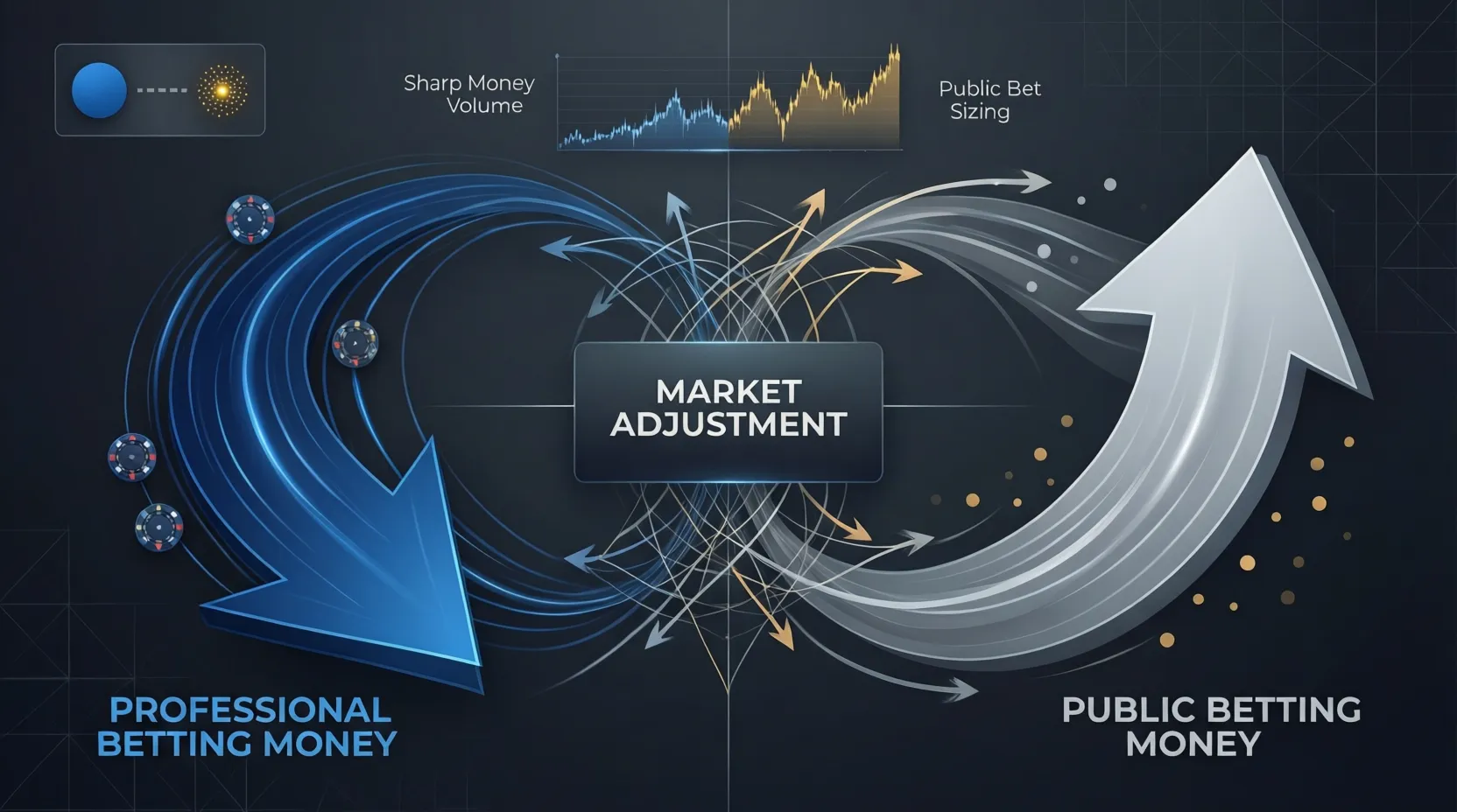 Gráfico mostrando flujo de apuestas profesionales versus públicas en partido de béisbol