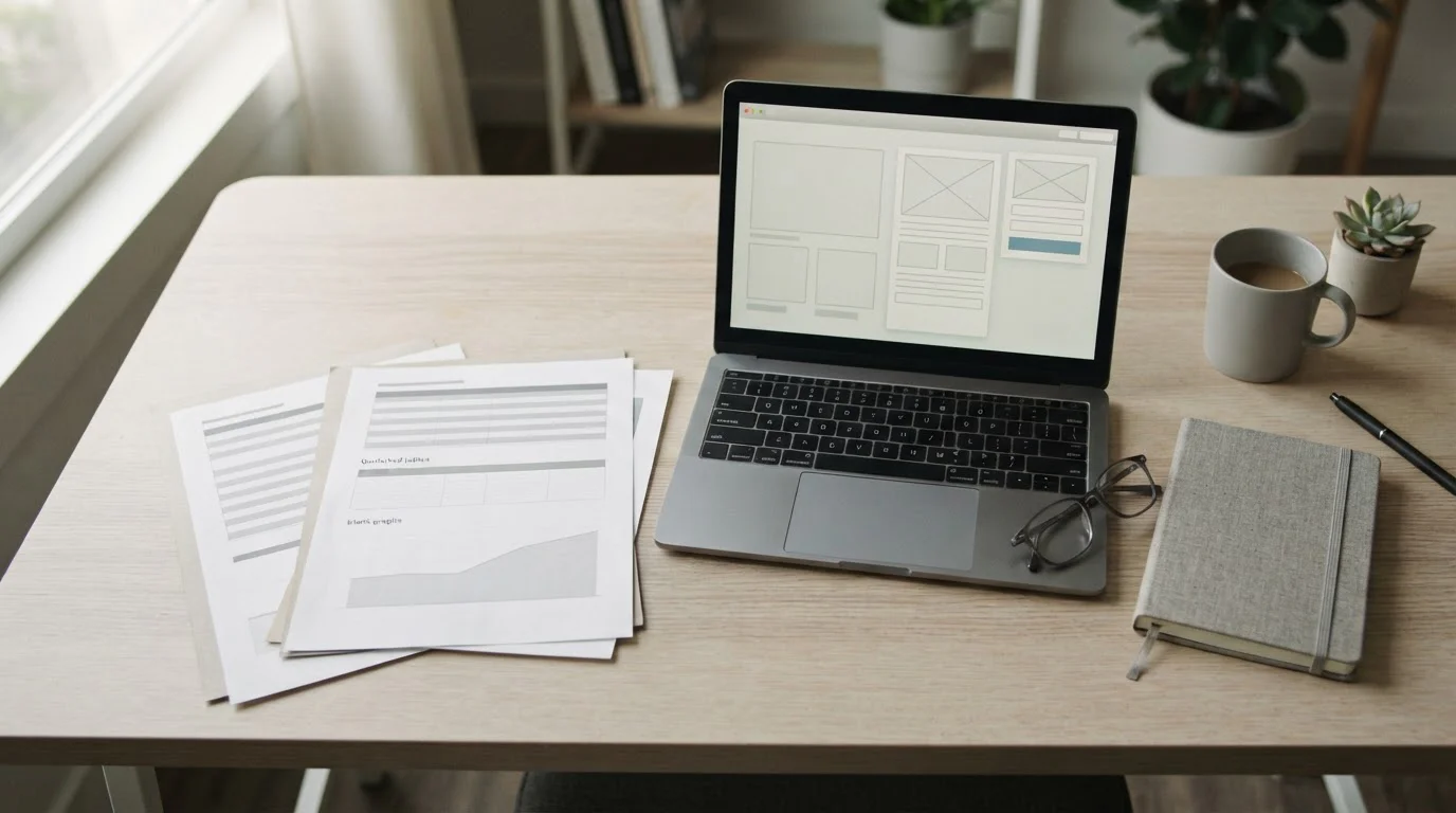 Mesa con documentos y pantalla que representa operadores con licencia en España