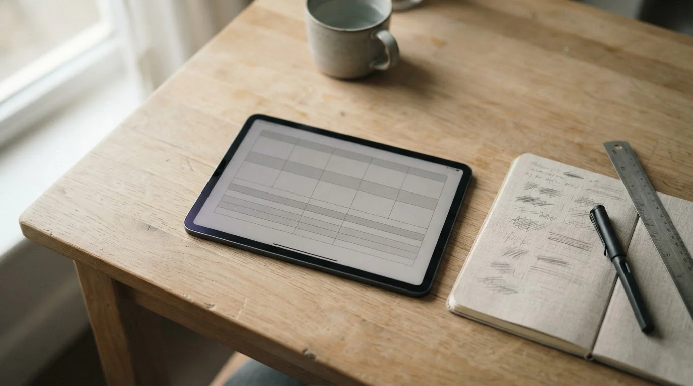 Mesa de trabajo con cuaderno y tableta comparando operadores