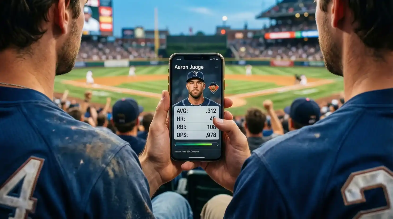 Aficionado de béisbol revisando estadísticas de jugadores en su teléfono móvil en el estadio