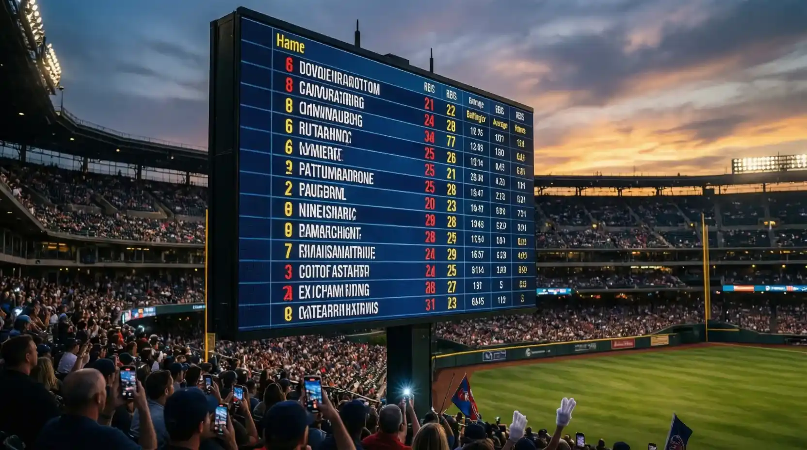 Lineup de béisbol mostrado en pantalla del estadio con estadísticas de bateadores