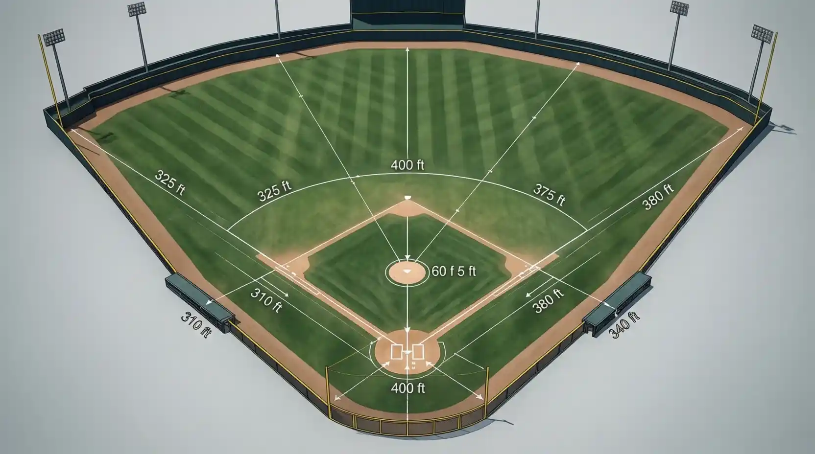 Diagrama del campo de béisbol mostrando dimensiones y zonas del estadio