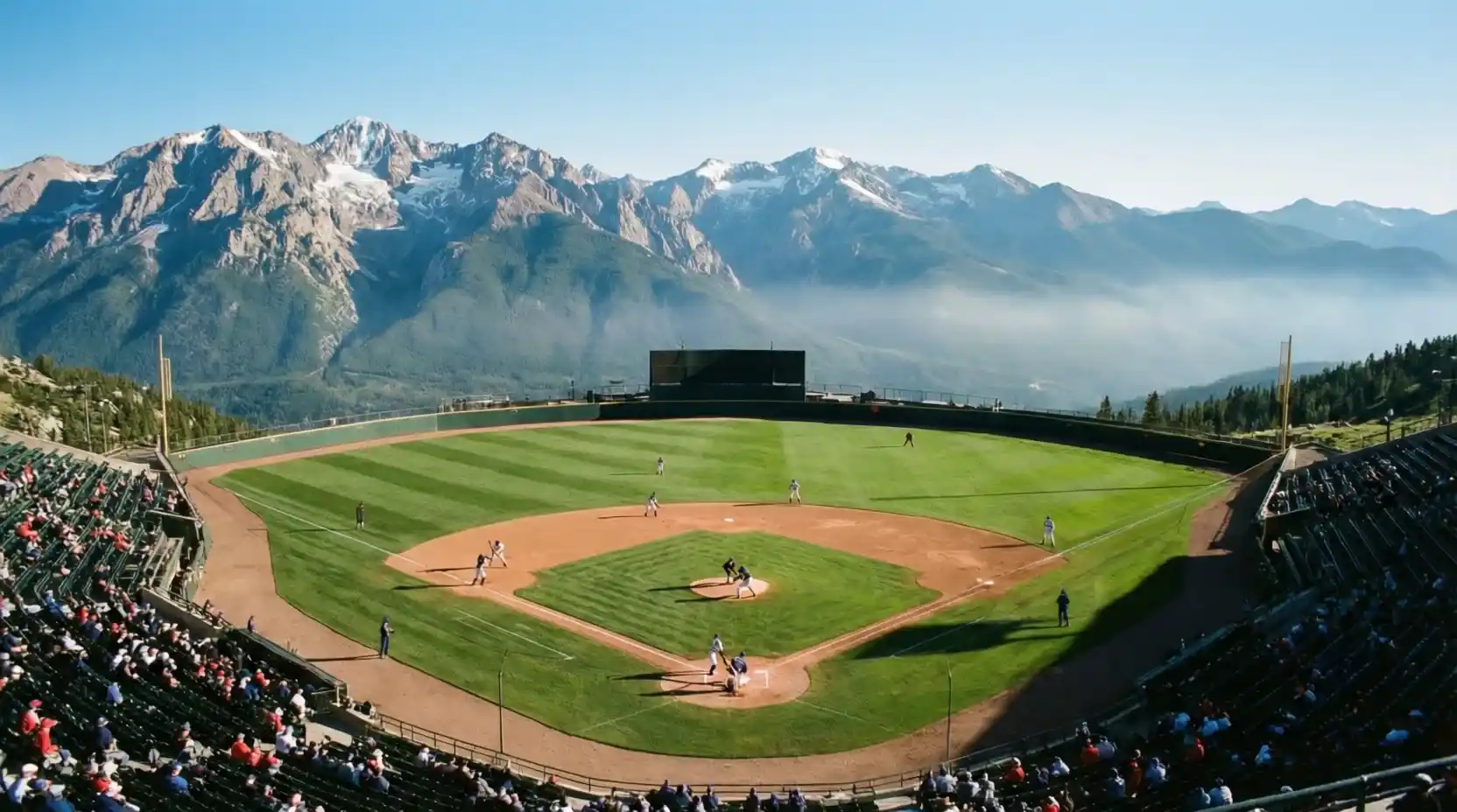 Estadio de béisbol con las Montañas Rocosas visibles en el fondo durante partido diurno