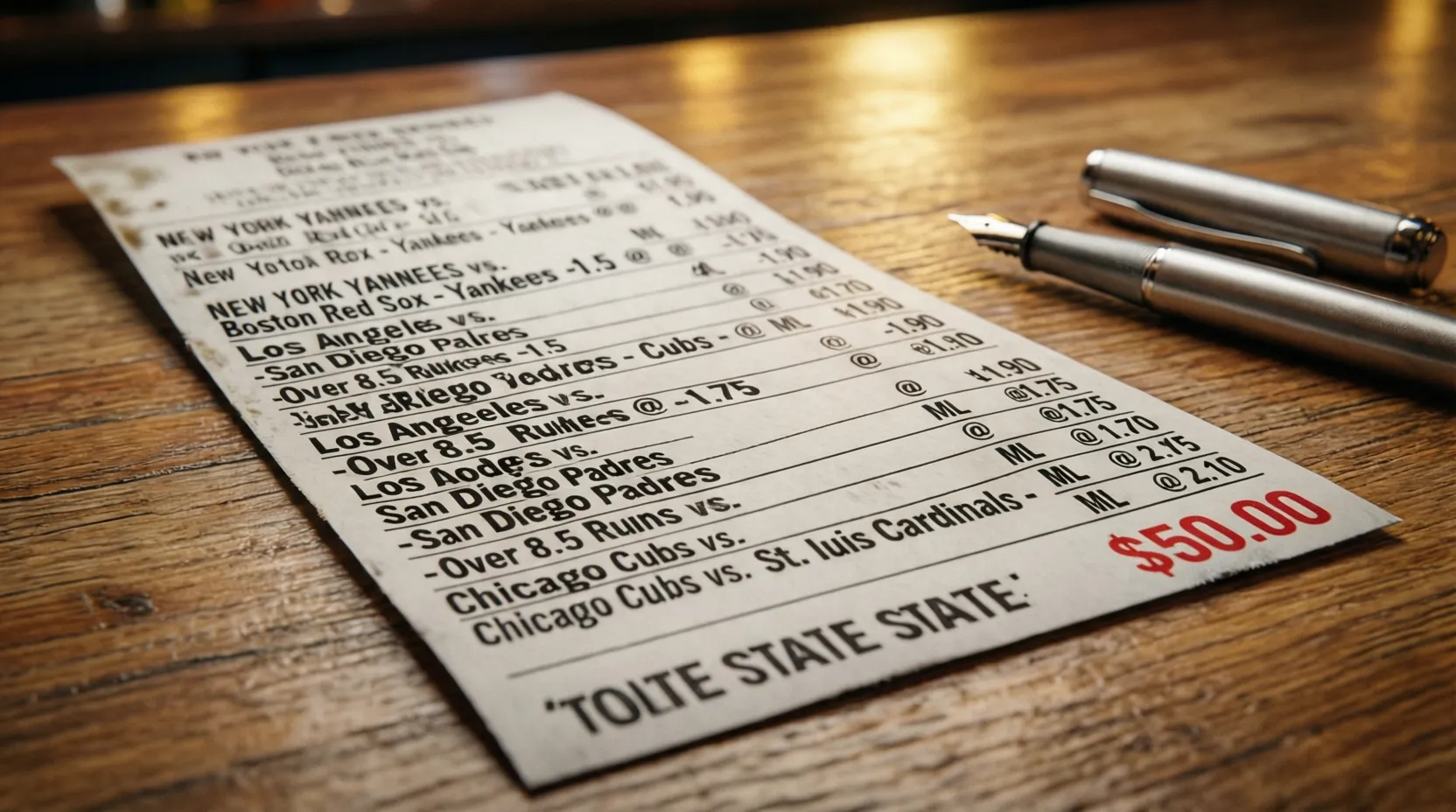 Boleto de apuestas con múltiples selecciones de partidos de béisbol sobre una mesa