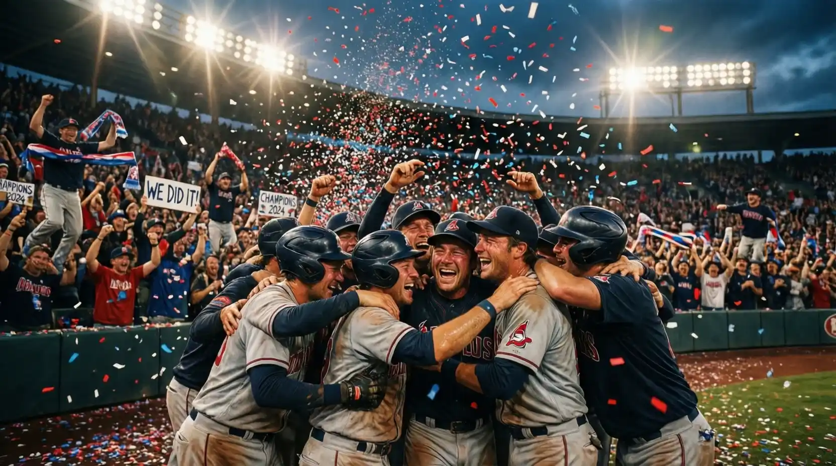Equipo de béisbol celebrando victoria en playoffs con confeti cayendo