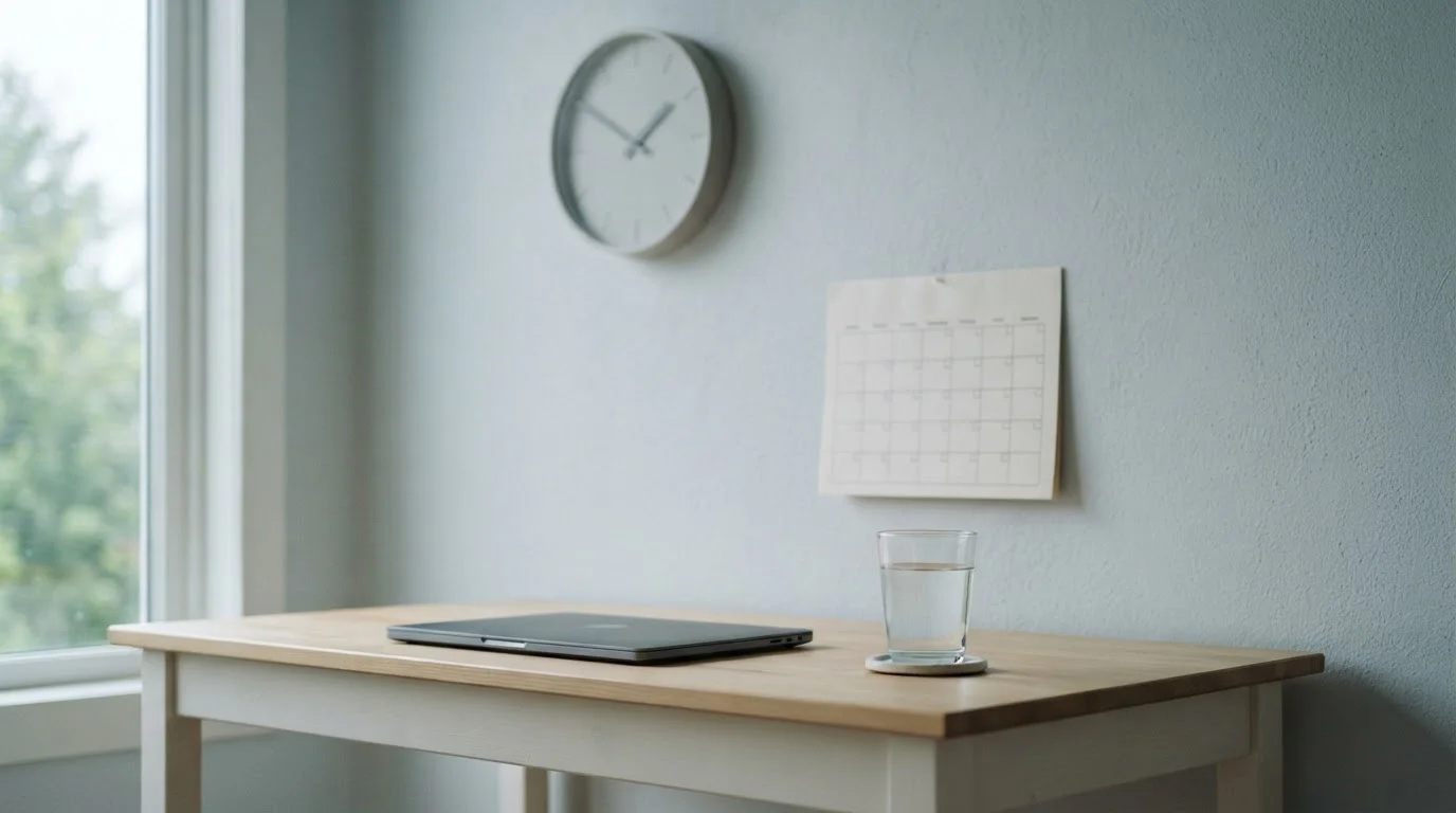Reloj de pared y calendario junto a un portátil que representan la espera del primer retiro