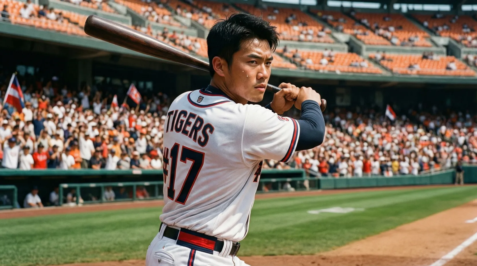 Bateador de béisbol en posición de bateo esperando el lanzamiento con estadio de fondo
