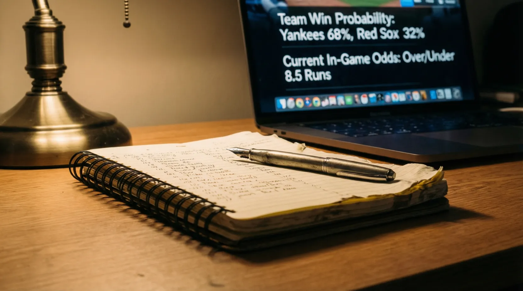 Cuaderno abierto con registros de apuestas deportivas junto a laptop mostrando estadísticas de béisbol