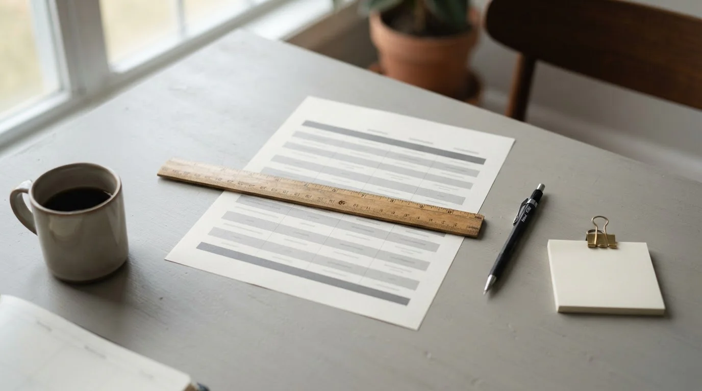 Tabla comparativa neutra con filas anónimas sobre un escritorio de oficina
