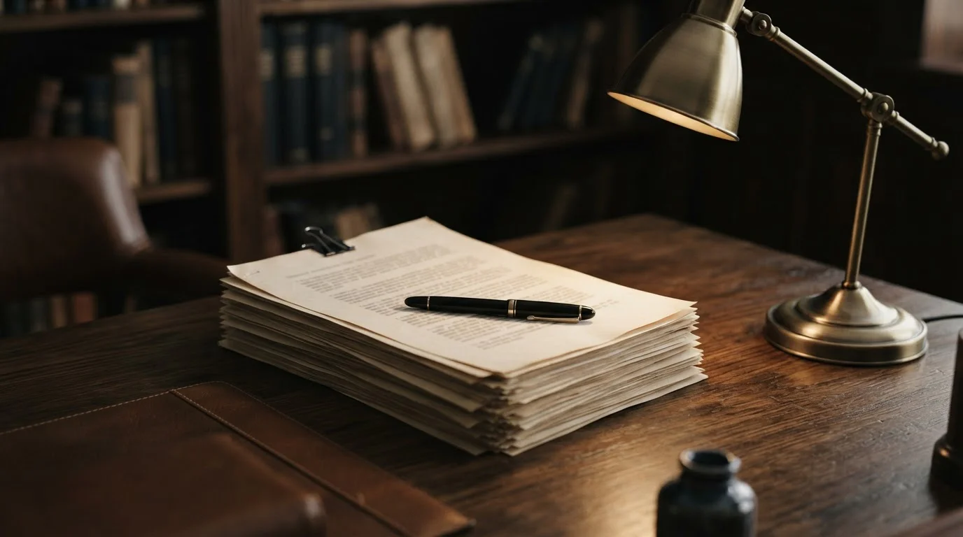 Documentos legales apilados junto a una lámpara de despacho
