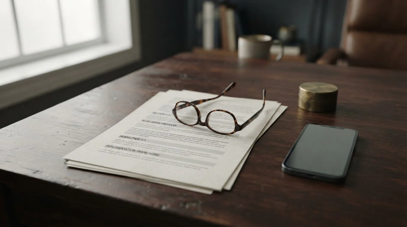 Documento oficial impreso sobre mesa con smartphone y gafas de lectura al lado