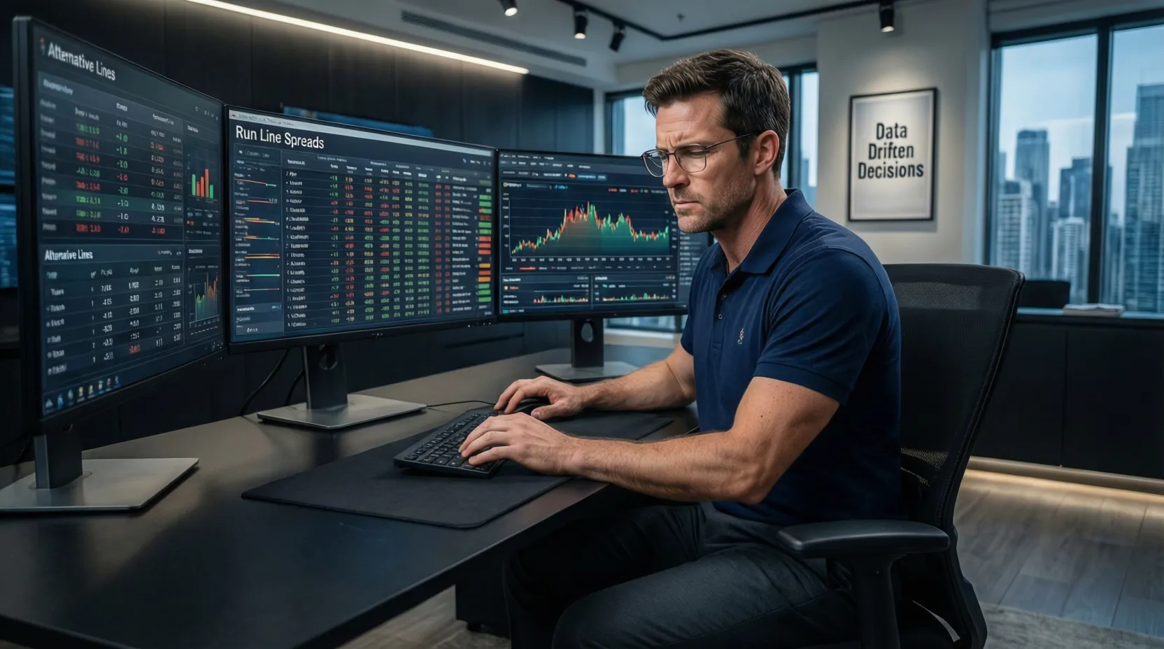 Analista estudiando diferentes tipos de líneas de apuestas de béisbol en pantalla