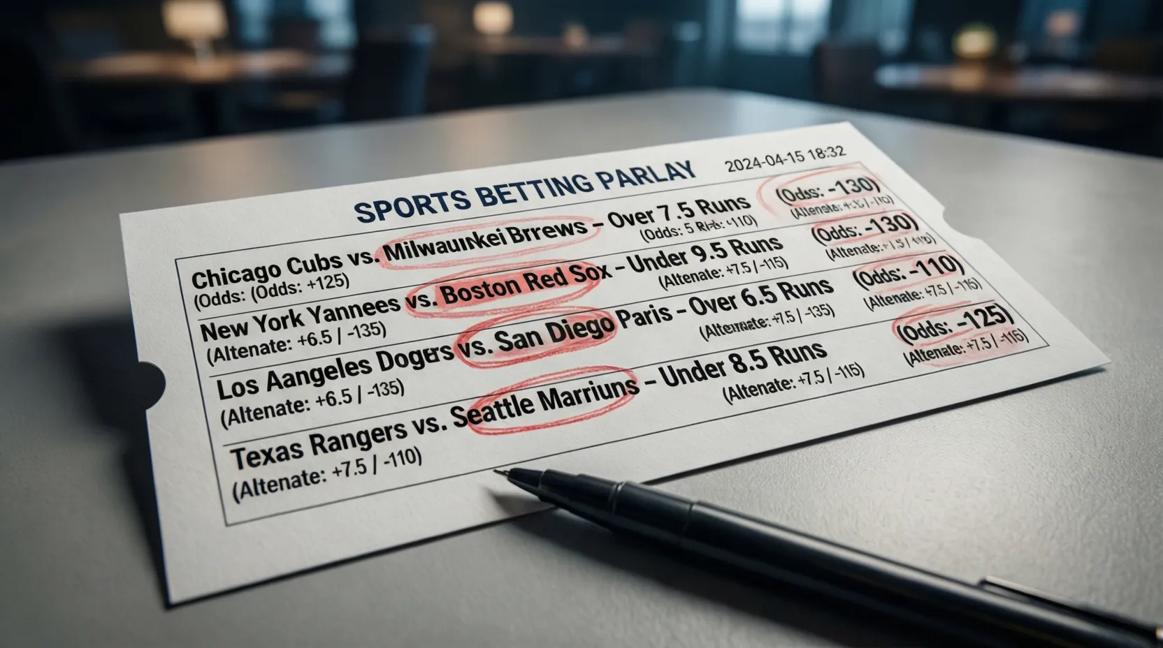 Boleto de parlay con múltiples selecciones de béisbol incluyendo líneas alternativas