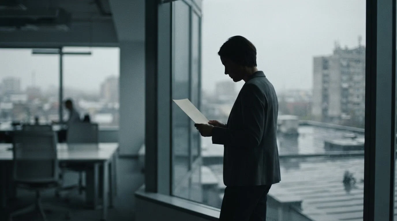 Silueta de una persona leyendo un documento junto a una ventana gris