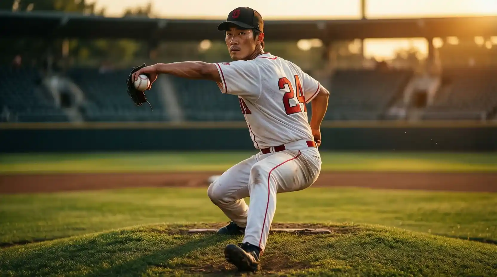 Pitcher elite de béisbol dominando desde el montículo con expresión concentrada