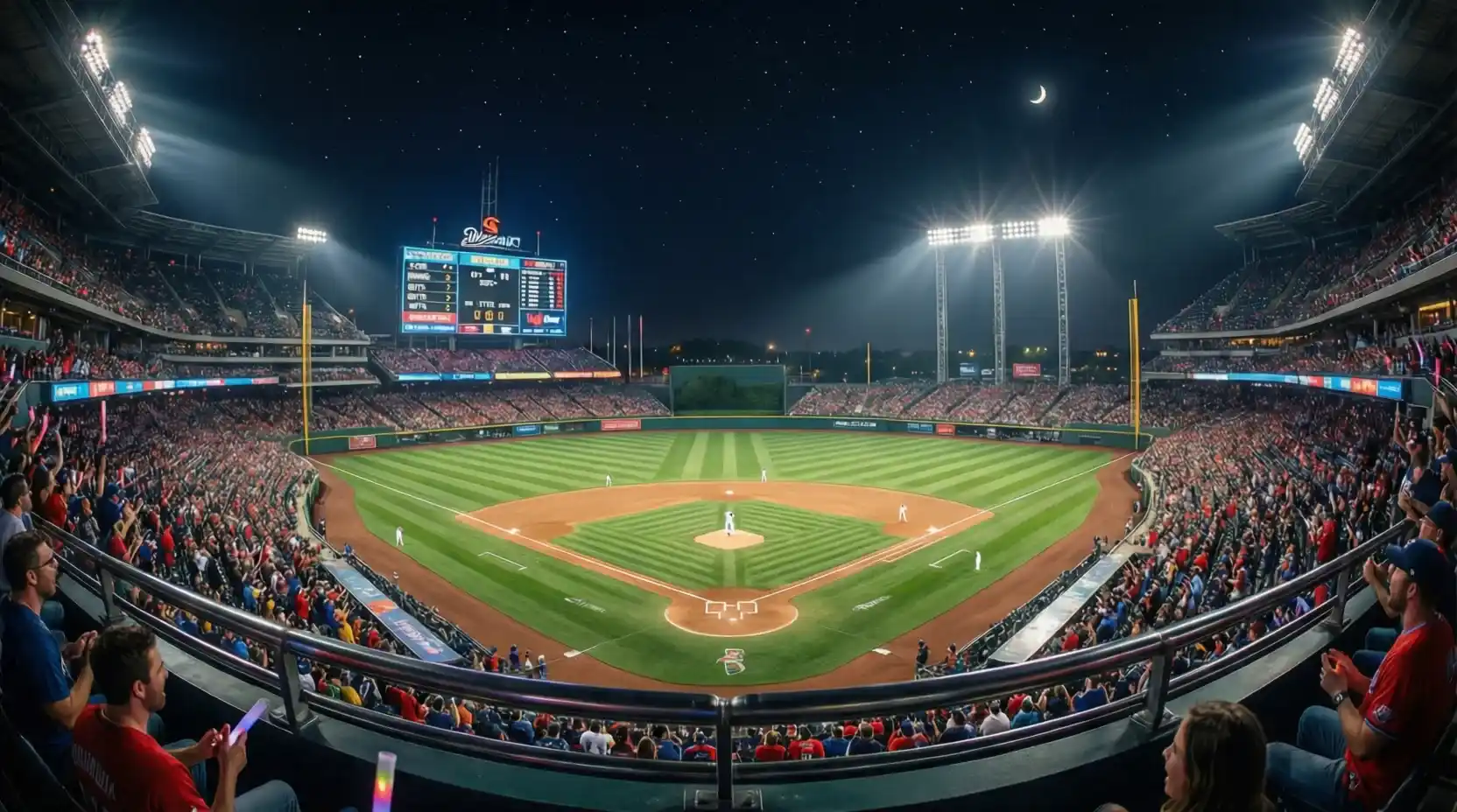 Vista panorámica de un estadio de béisbol profesional durante un partido nocturno con marcador visible