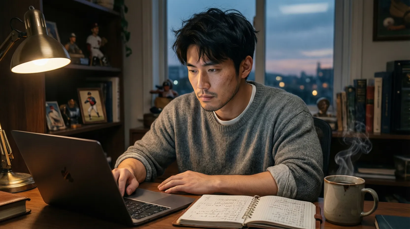 Persona estudiando estadísticas de béisbol en laptop con expresión pensativa