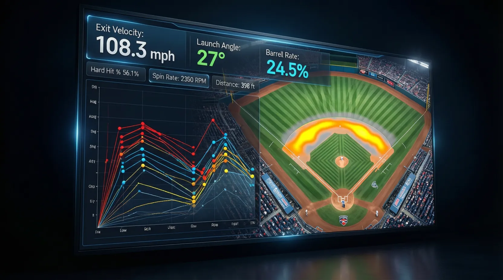 Pantalla mostrando datos de Statcast con métricas de velocidad de salida y ángulo de lanzamiento