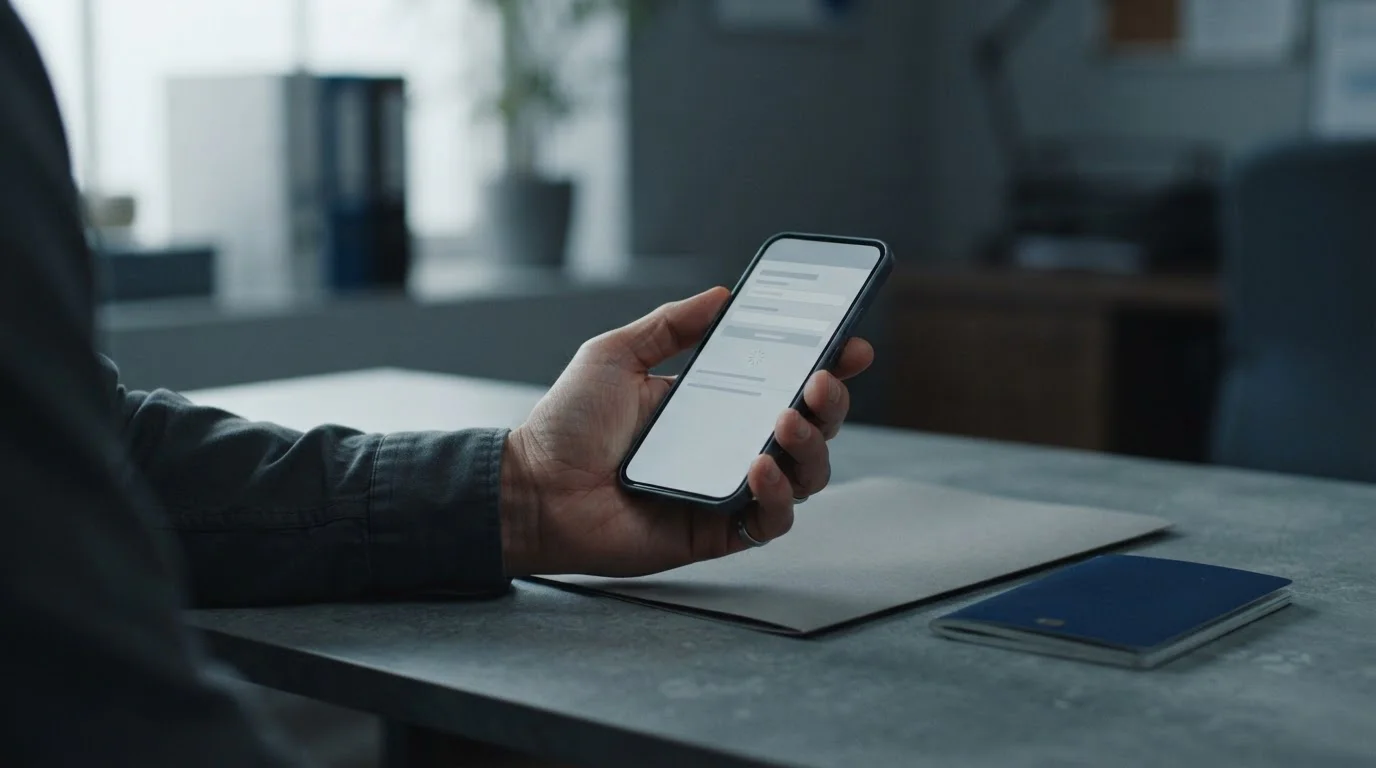 Mano sujetando un smartphone con pantalla neutra junto a documentos sobre la mesa