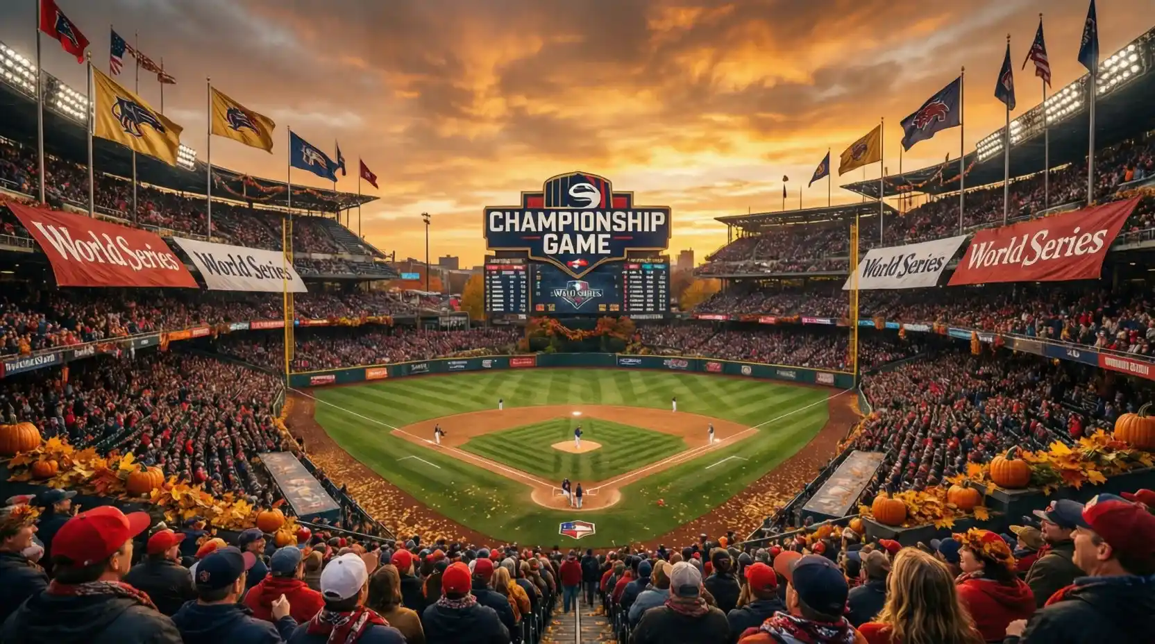 Estadio de béisbol decorado para la Serie Mundial con banderas y ambiente festivo
