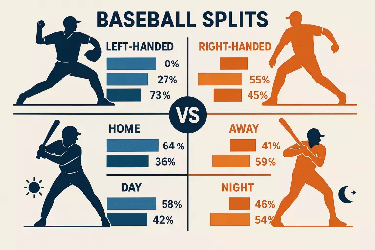 Splits estadísticos de béisbol MLB comparando rendimiento zurdo vs diestro y local vs visitante