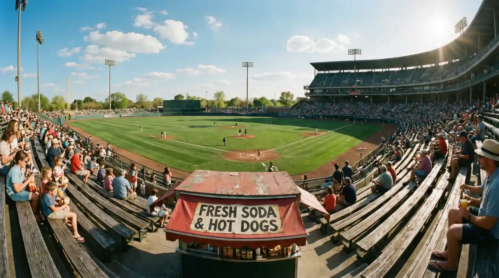 Vista panorámica de estadio de Spring Training con aficionados disfrutando ambiente relajado