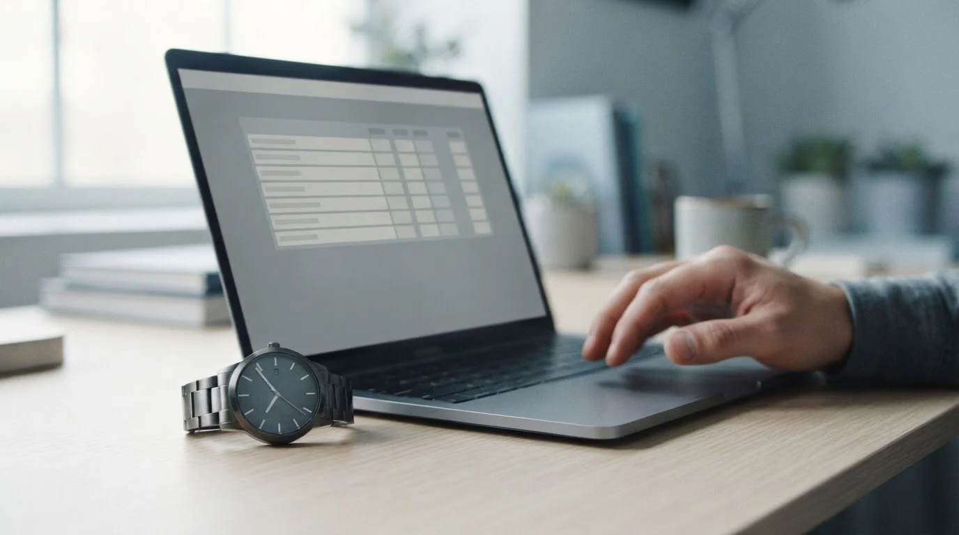 Reloj de pulsera y portátil sobre una mesa durante una verificación online
