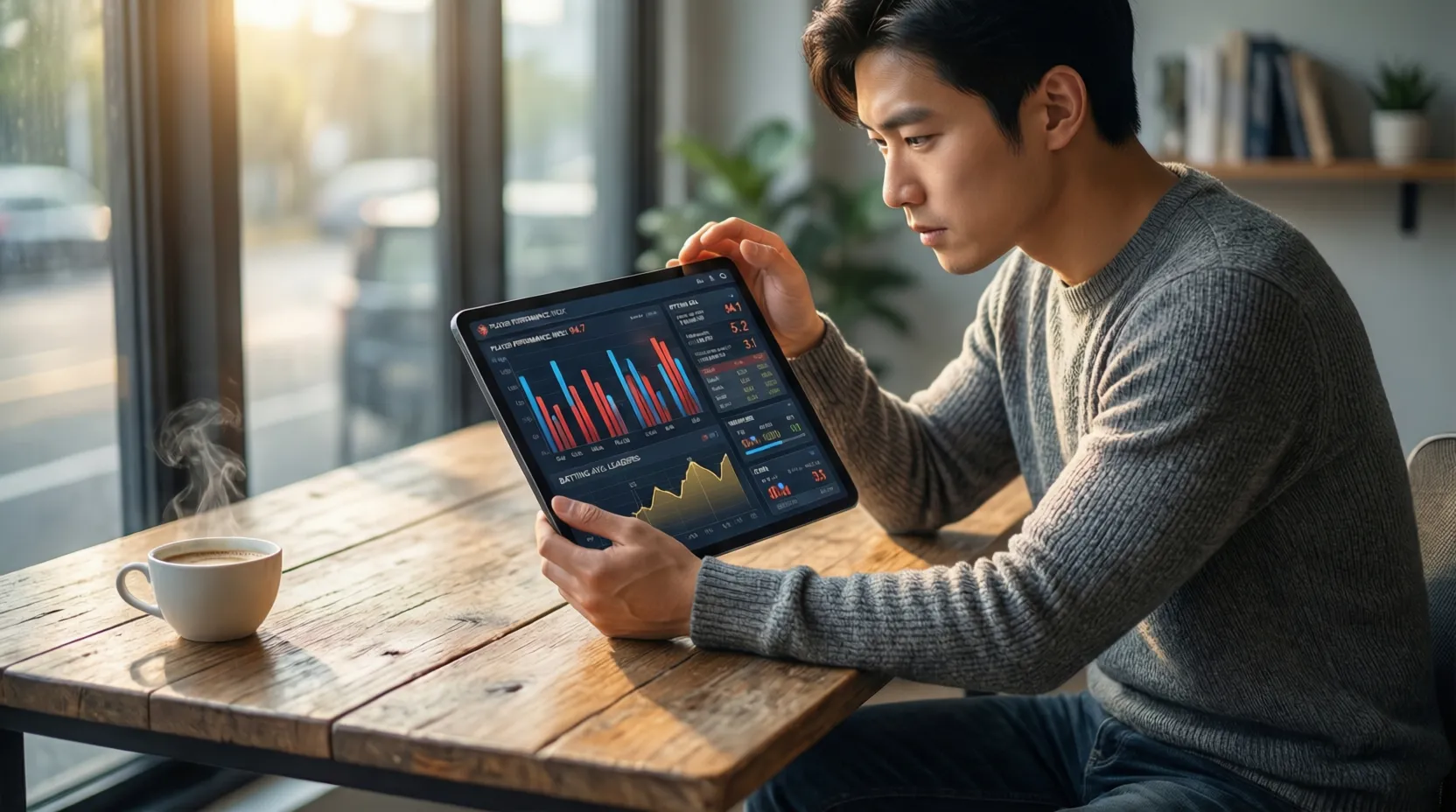 Persona analizando estadísticas de béisbol en tablet con gráficos de rendimiento de equipos