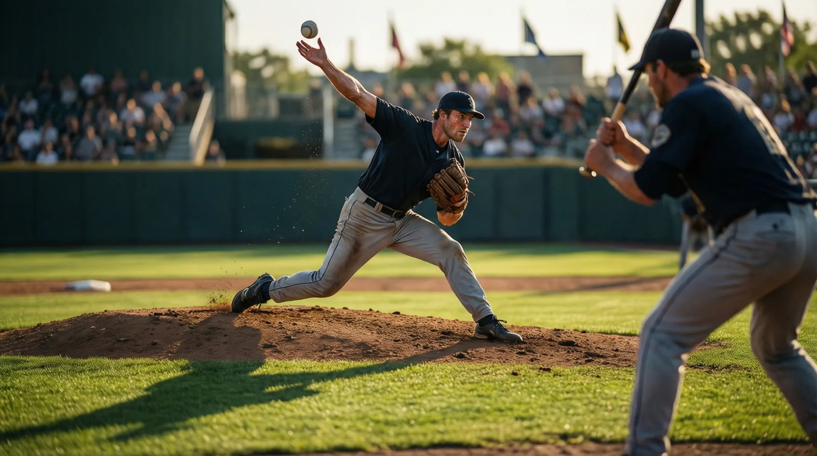 Duelo entre pitcher lanzando y bateador esperando en el plato durante partido de béisbol profesional