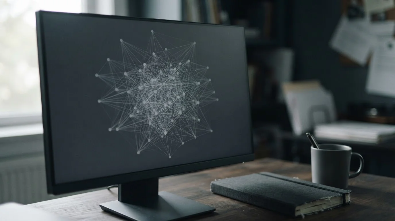 Pantalla con un grafo abstracto de nodos conectados sobre un escritorio sobrio