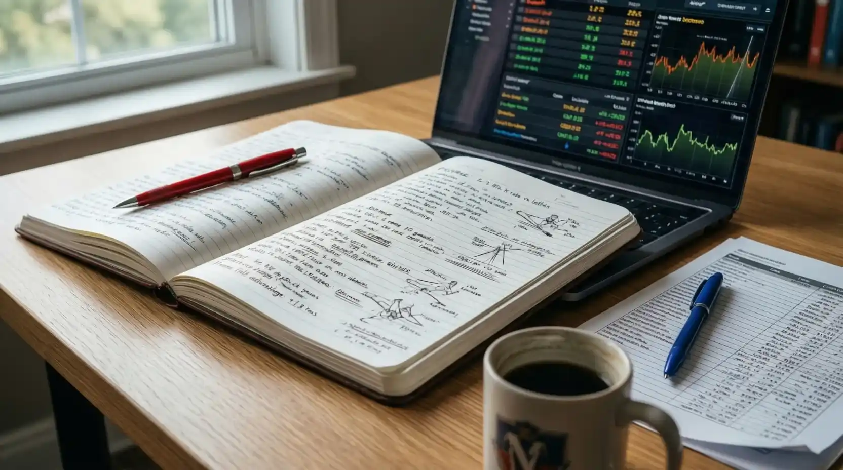 Libreta de notas con análisis de apuestas de underdogs junto a laptop