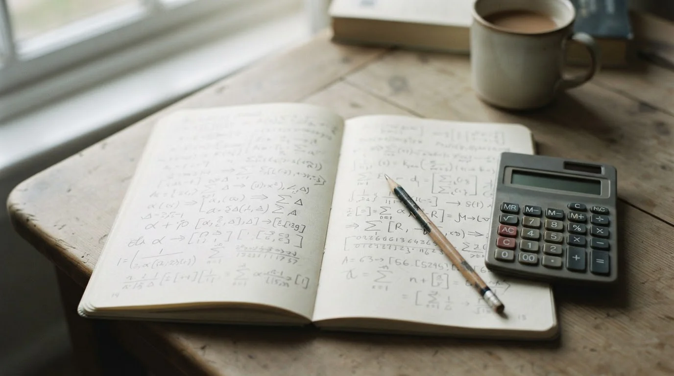 Cuaderno con cálculos manuscritos abstractos y una calculadora sencilla
