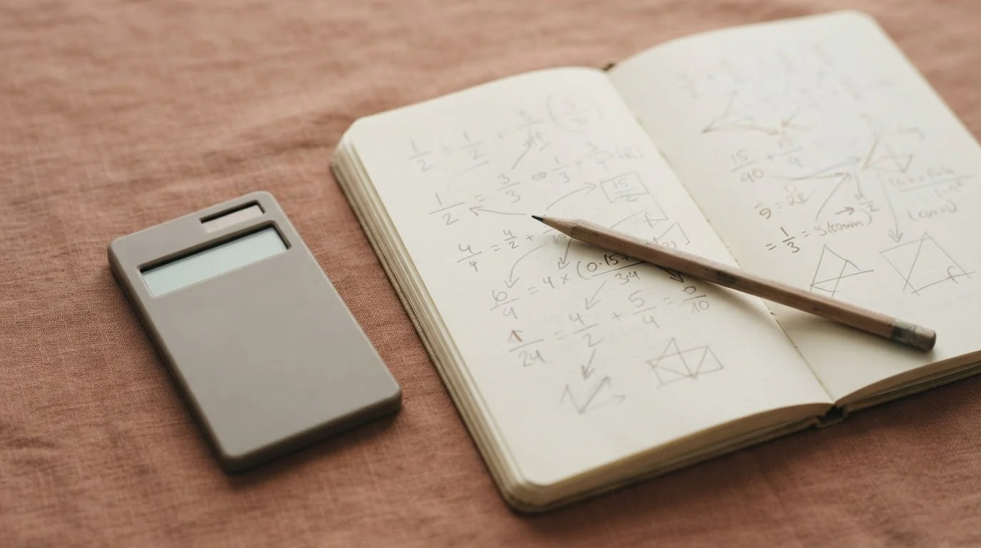 Cuaderno con cálculos abstractos y calculadora sobre un escritorio de madera clara