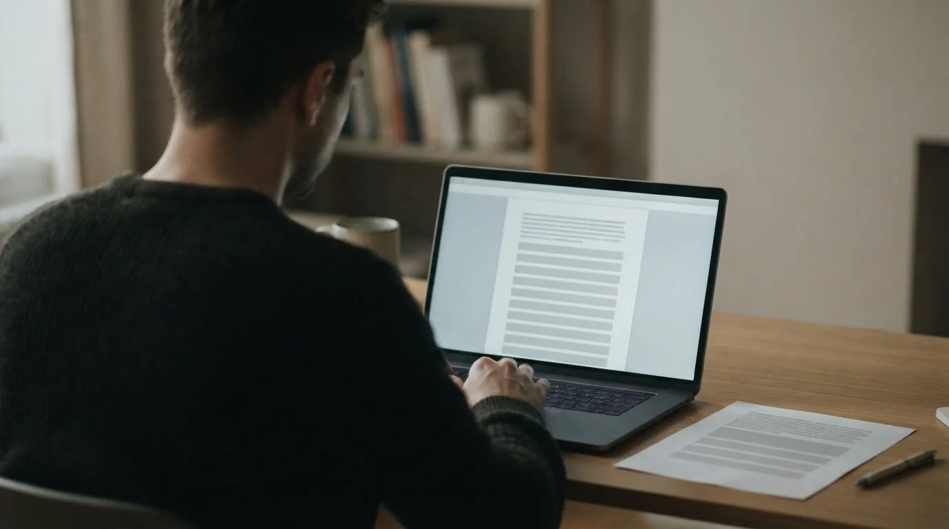 Persona de espaldas leyendo términos y condiciones en la pantalla de un portátil