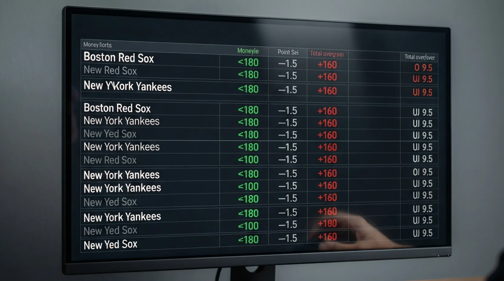 Pantalla mostrando múltiples líneas de apuestas de béisbol con cuotas