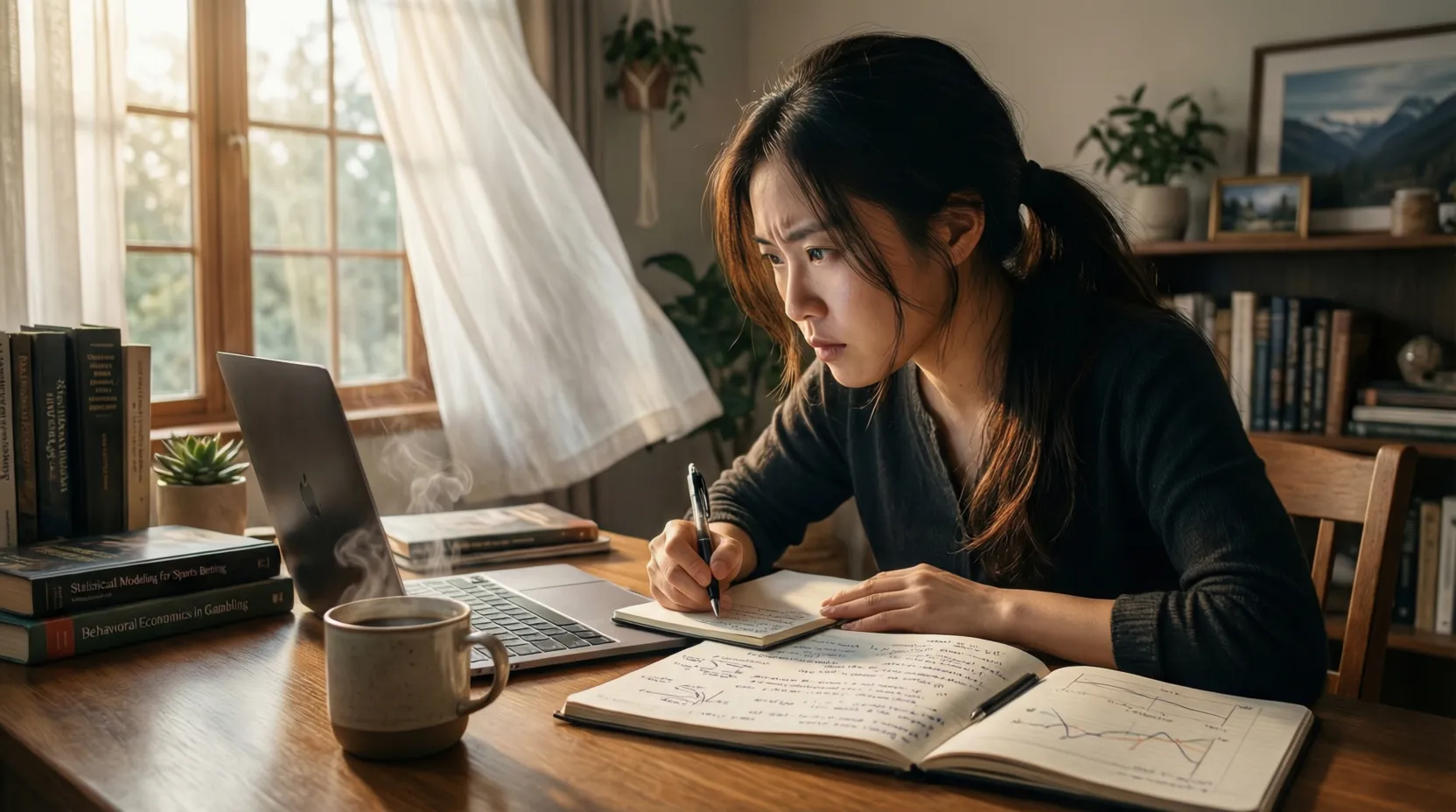 Persona concentrada estudiando datos de apuestas con libreta de notas