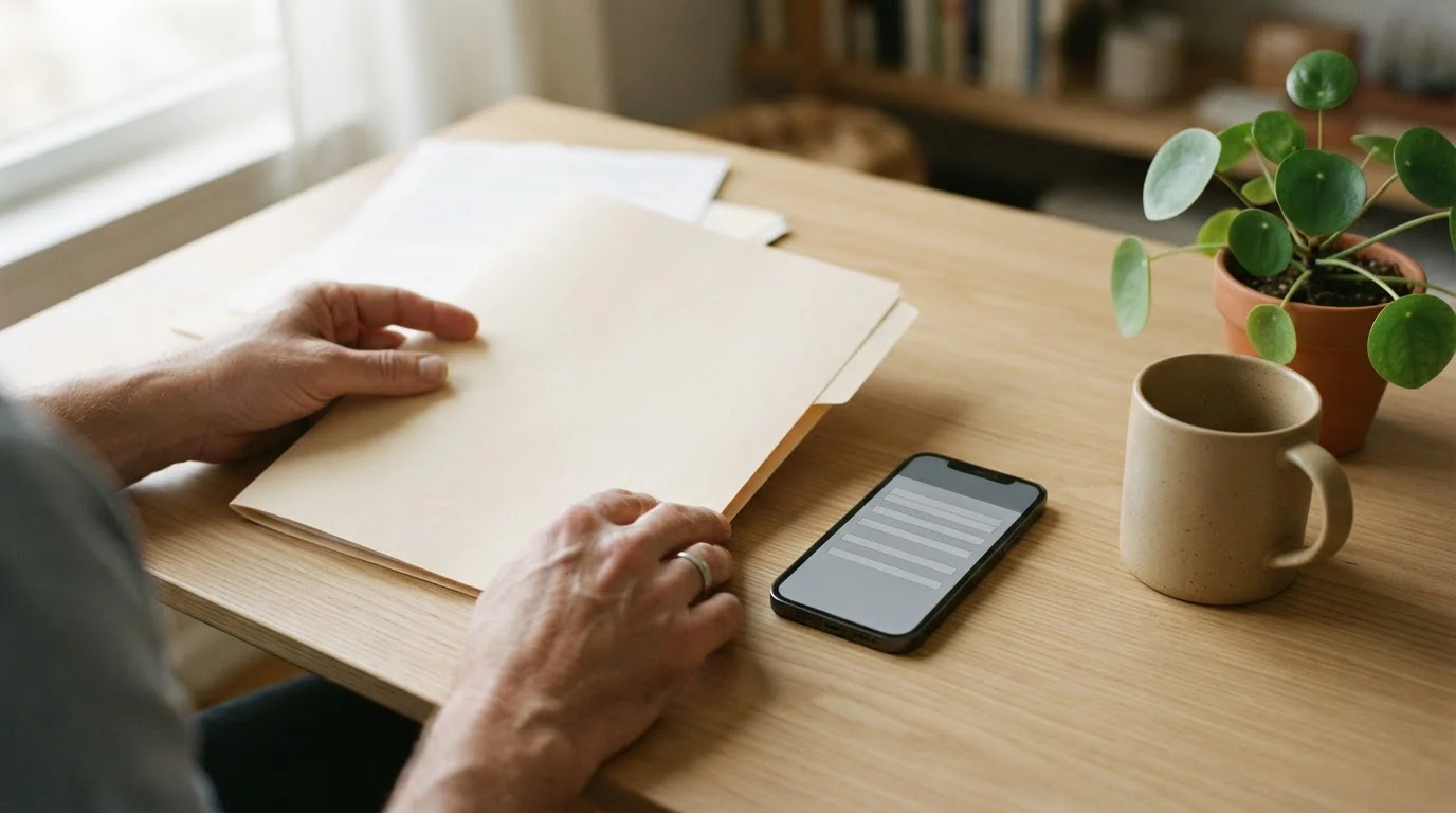 Manos revisando un documento junto a un teléfono móvil con pantalla neutra