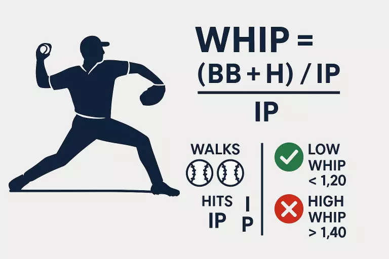 WHIP estadística de pitcheo en MLB mostrando fórmula y rangos de referencia